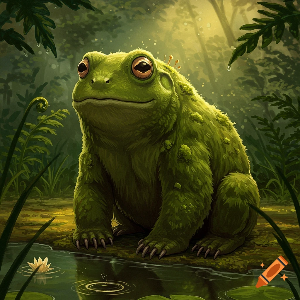 A furry, green bear-frog creature with claws sits by a pond in a lush, sunlit fantasy forest.