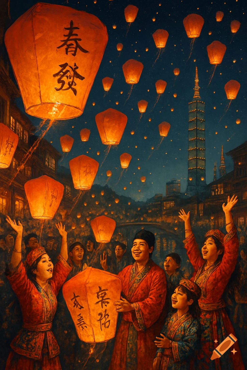 People in traditional dress celebrate a night festival, releasing glowing sky lanterns with wishes, against a backdrop of city buildings under a starry sky.