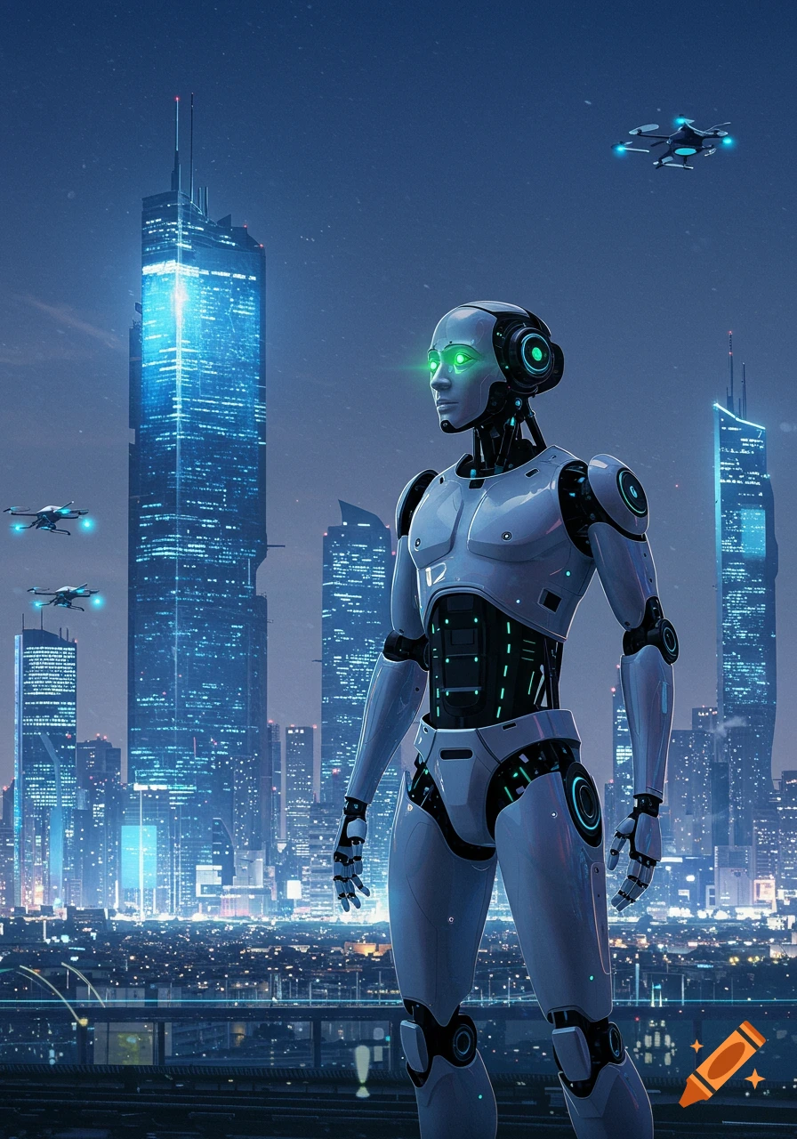 A white humanoid robot with glowing green eyes stands overlooking a futuristic city skyline at night with flying drones.