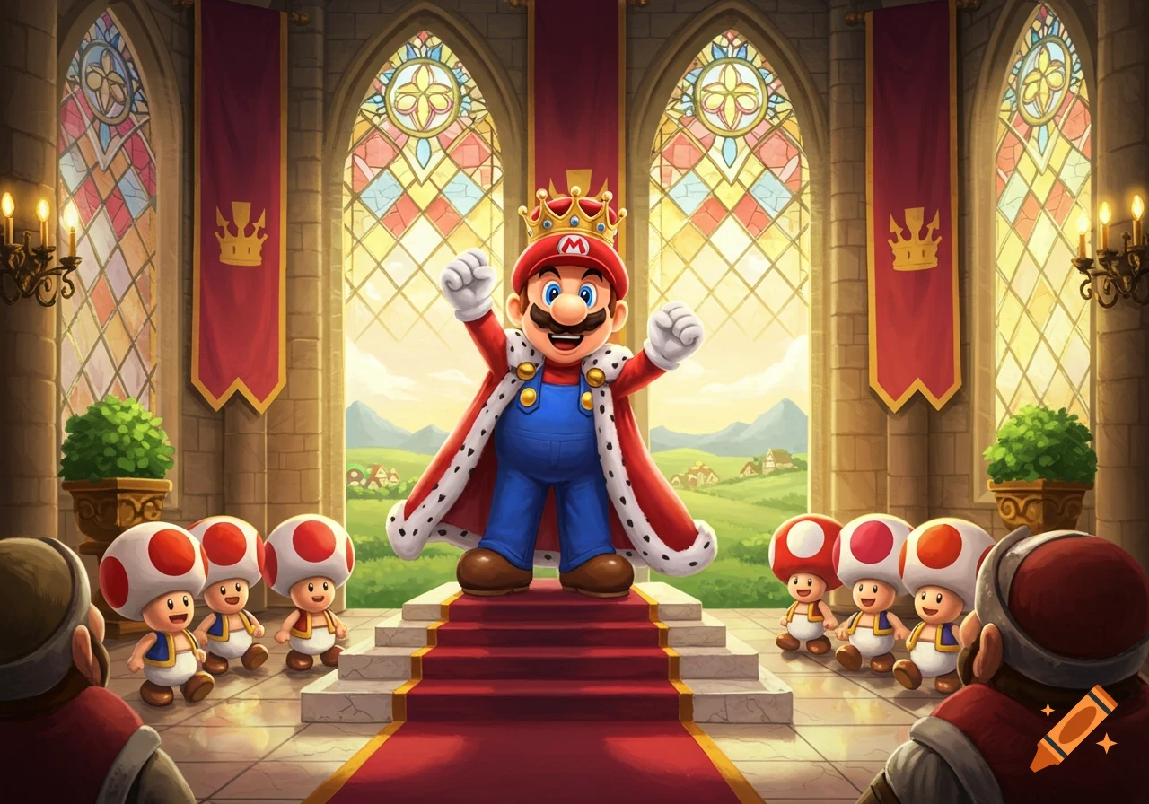 King Mario stands triumphantly on a red dais in a grand castle hall, surrounded by bowing Toads.