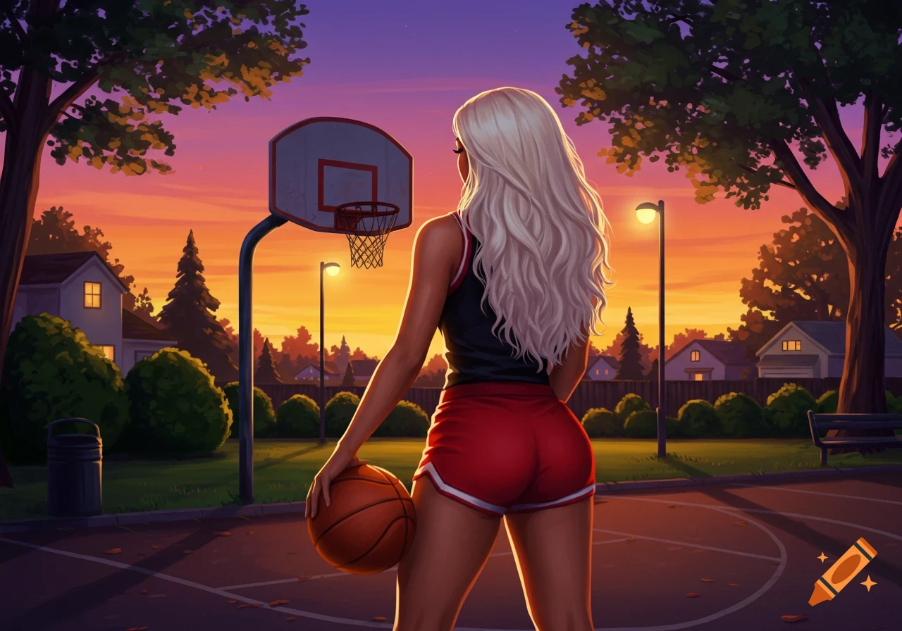 A woman with long blonde hair holding a basketball on an outdoor court at sunset.