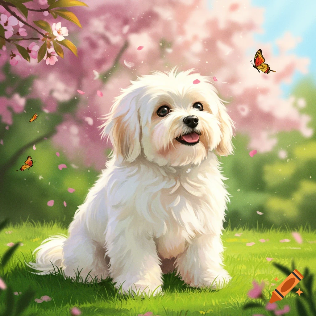 A fluffy white dog sits happily in a vibrant green field with pink cherry blossom petals falling, butterflies flitting around, and pink trees in the background.