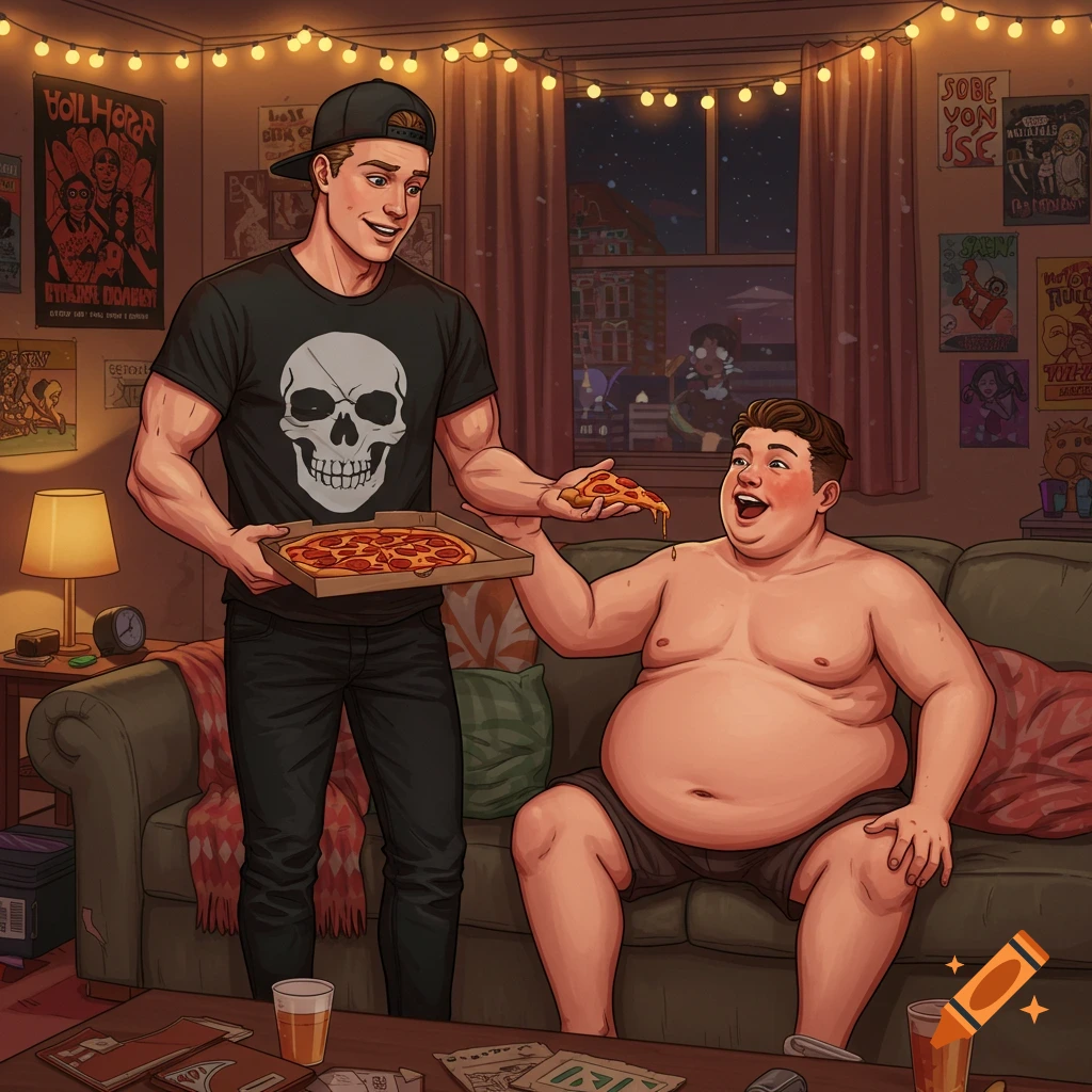 A muscular man in a skull t-shirt offers pizza to a shirtless chubby man on a couch in a cozy dorm room, in a cartoon style.