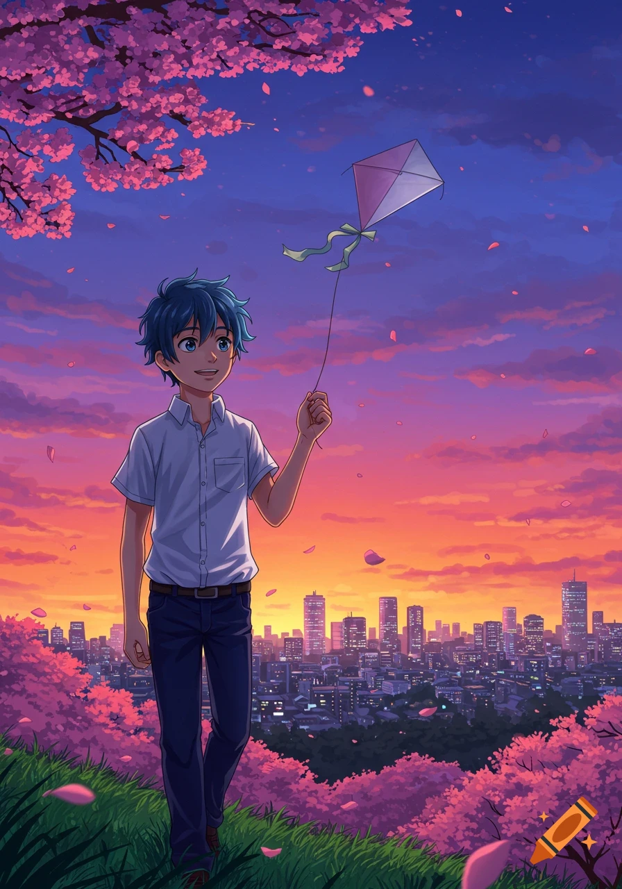 An anime boy with blue hair flies a kite over a city at sunset, surrounded by pink cherry blossoms.