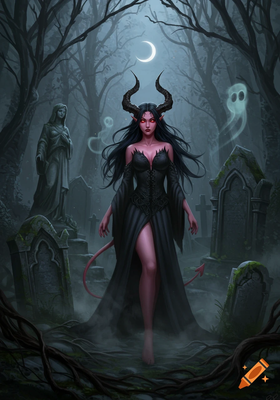 Dark fantasy art of a horned demon woman with red eyes in a foggy, moonlit cemetery with tombstones and ghosts.