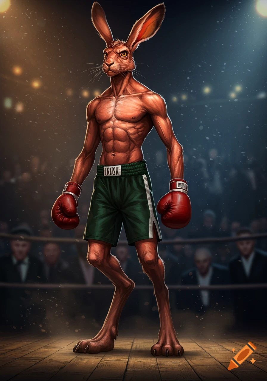 A muscular, anthropomorphic hare boxer in green shorts and red gloves stands in a boxing ring, looking determined in a stylized illustration.