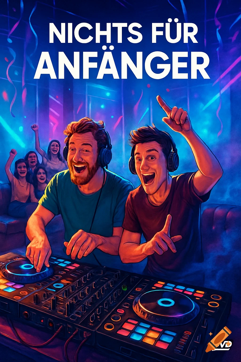 Two excited male DJs wearing headphones at controllers in a neon-lit club with party-goers in the background. Text 'NICHTS FÜR ANFÄNGER'.