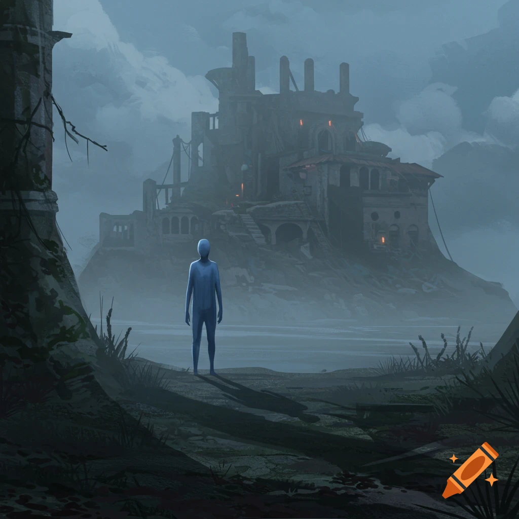 A blue, featureless figure stands on a misty shore before a dark, ruined castle under a cloudy sky. Digital art.