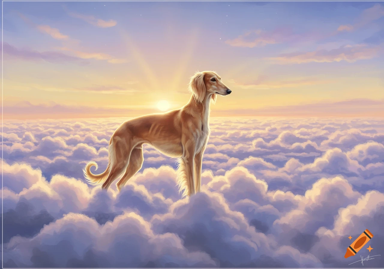 A majestic blonde Saluki dog stands on a bed of fluffy clouds, bathed in the warm glow of a sunset.