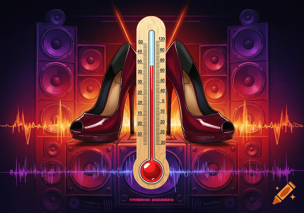 Illustration of red high heels flanking a thermometer, set against a backdrop of purple and red speakers with glowing sound waves.