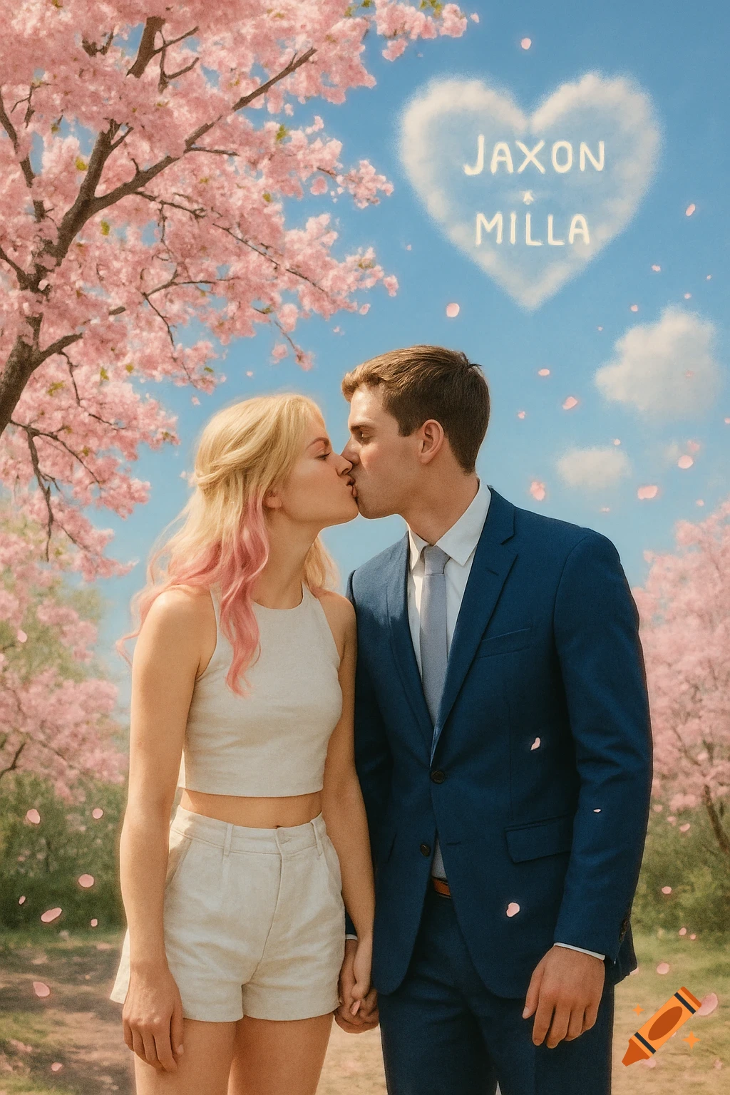A photorealistic image of a couple kissing under cherry blossom trees with their names, Jaxon and Milla, in a heart-shaped cloud.