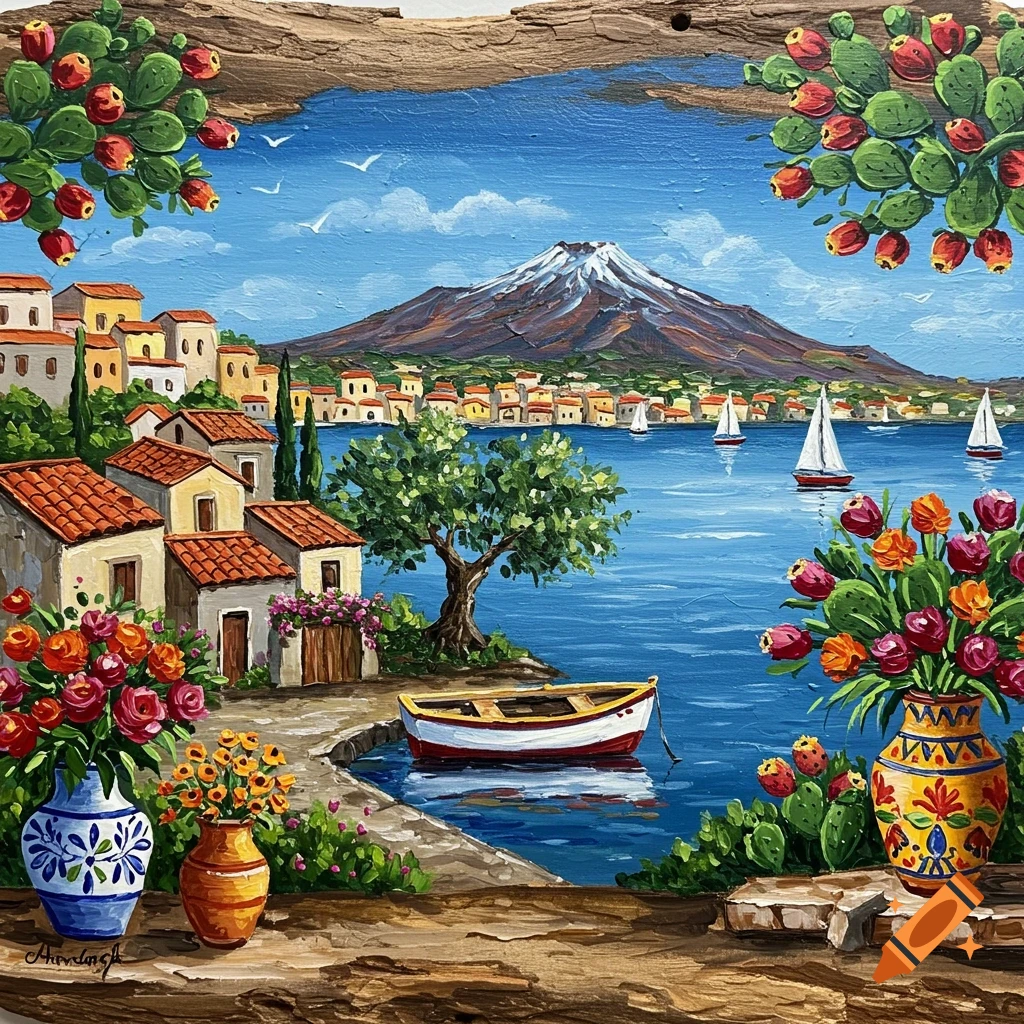 A colorful painting of a Mediterranean village by a bay with a volcano in the background, featuring boats, flowers, and prickly pears on a wood slab.