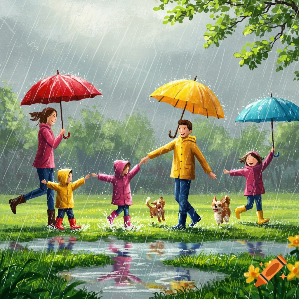 A colorful illustration of a family and two dogs playing and walking in the rain with umbrellas.