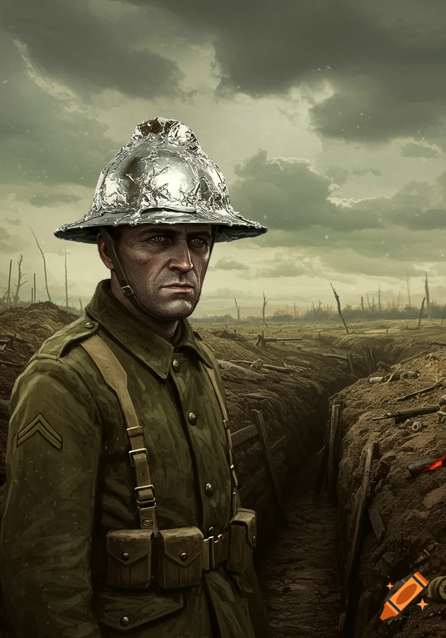 A World War 1 US army soldier with a crinkled metal helmet stands in a muddy trench battlefield under a grey sky.