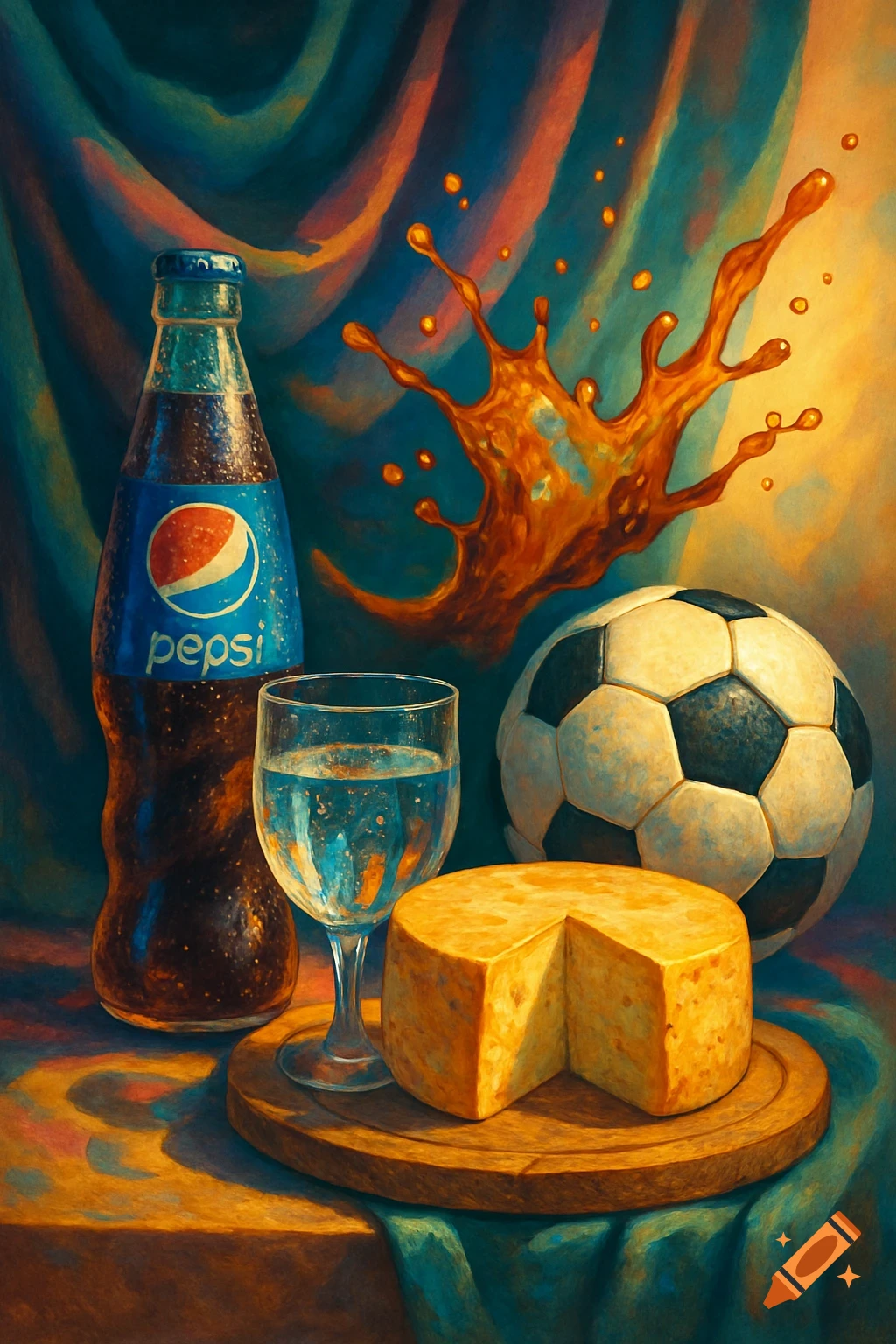 A vibrant still life painting shows a Pepsi bottle, a glass of water, a cheese round with a slice removed, and a soccer ball with a liquid splash.