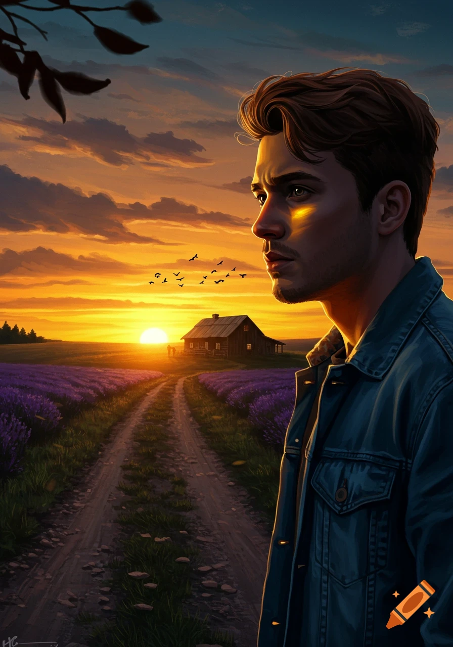 A man in a denim jacket looks right at a dramatic sunset over a lavender field leading to a cabin, illustrative style.