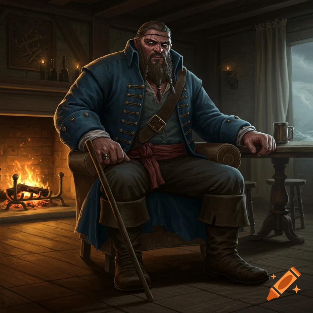A bearded pirate-like man with an eyepatch sits in a dimly lit inn by a crackling fireplace, holding a staff.