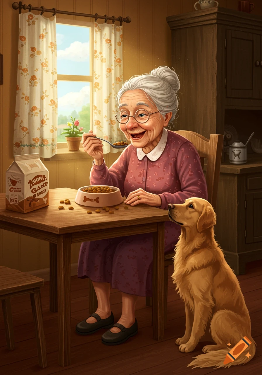 An illustrated old woman with glasses eats dog food at a wooden table, as a golden retriever sits beside her, looking up in a cozy kitchen.