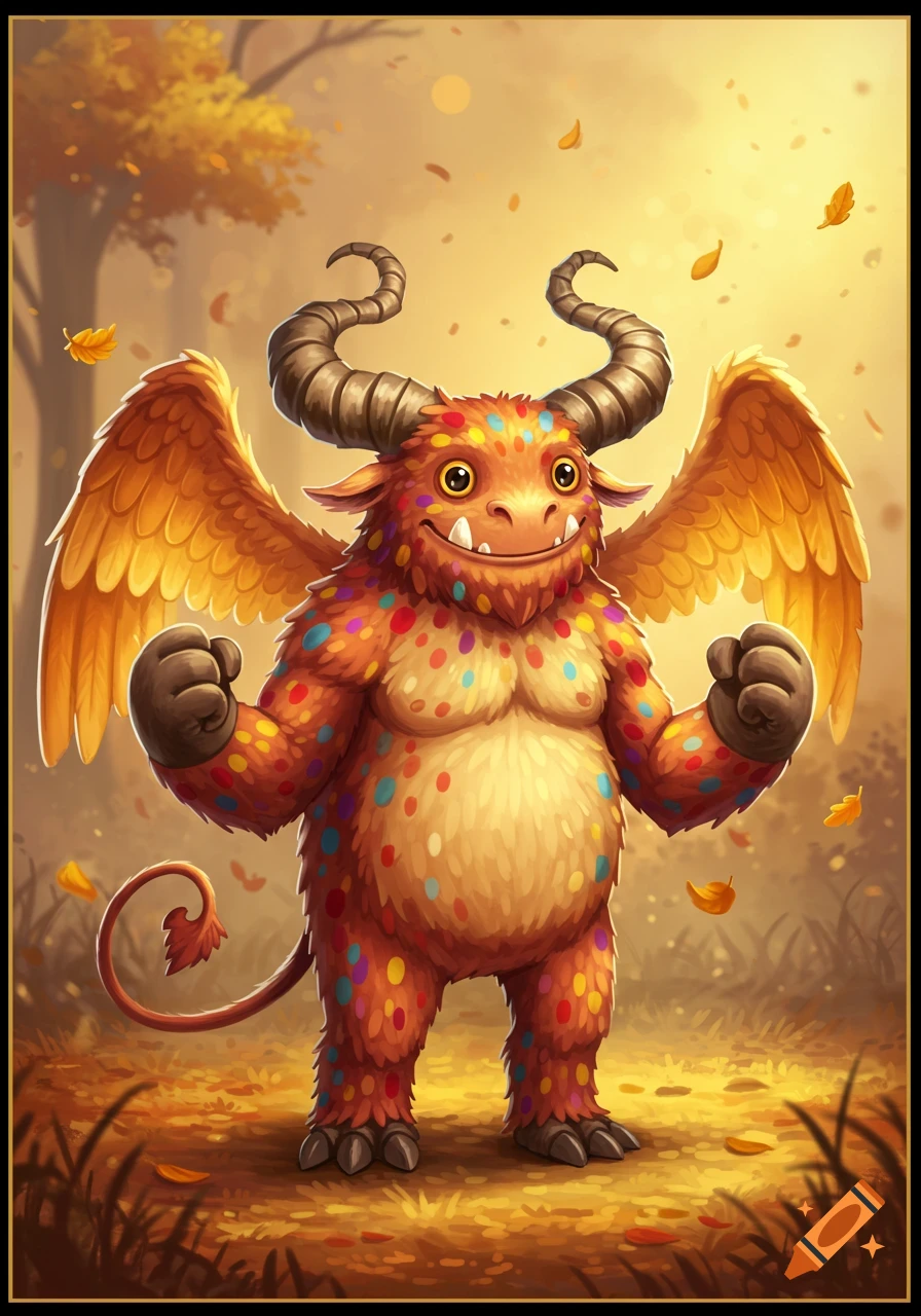 A friendly orange monster with colorful polka dots, horns, wings, and a tail stands in an autumnal forest with falling leaves.