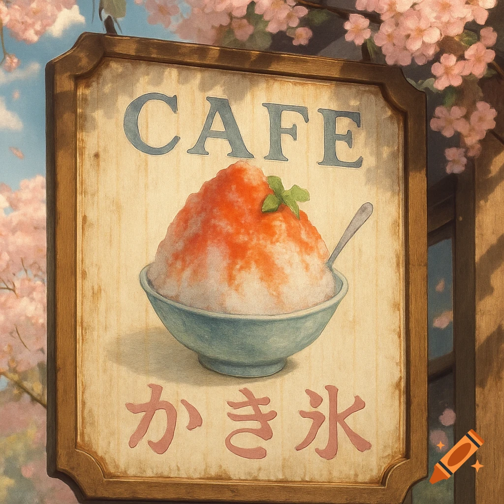 Wooden cafe sign with 'CAFE' and Japanese text, showing a bowl of shaved ice with red syrup and mint, framed by pink cherry blossoms.