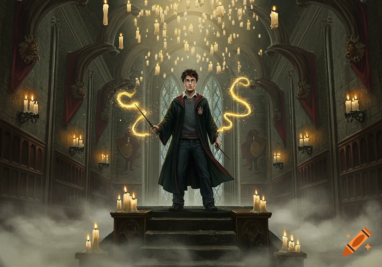 Harry Potter casting a spell with a glowing wand in a grand hall filled with floating candles.