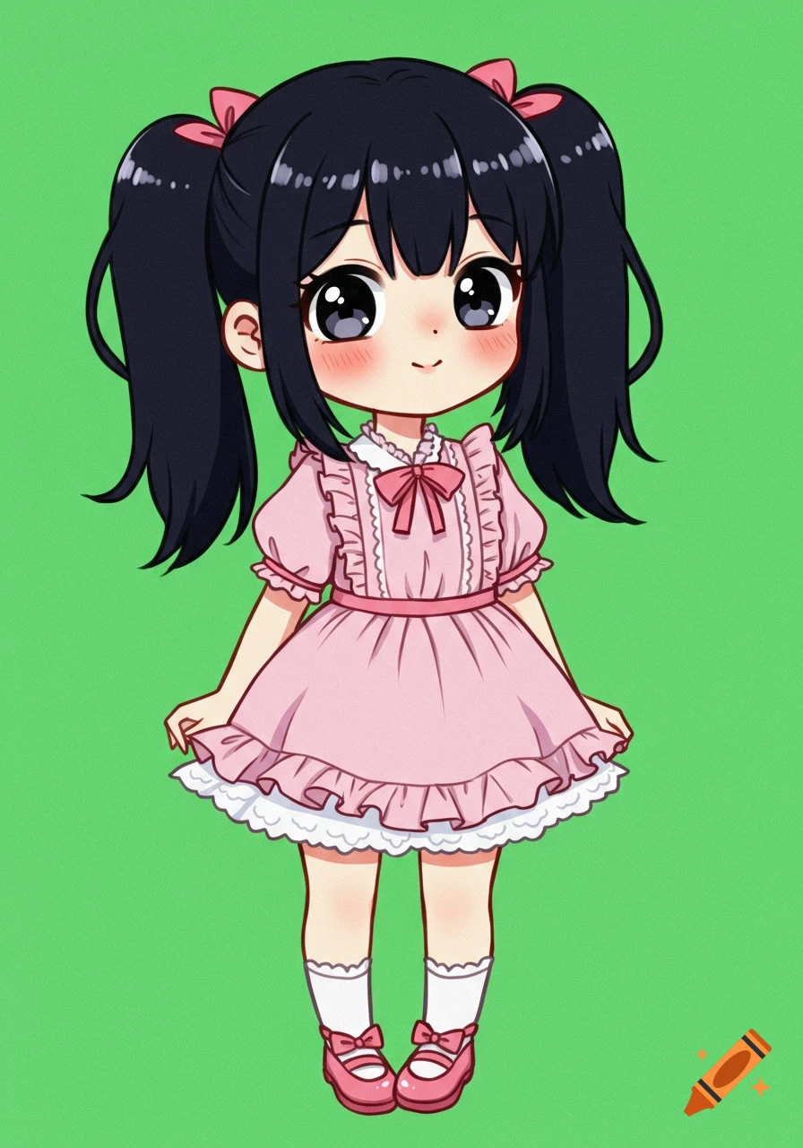 A cute anime-style girl with black pigtails in a pink ruffled dress and Mary Jane shoes against a green background.