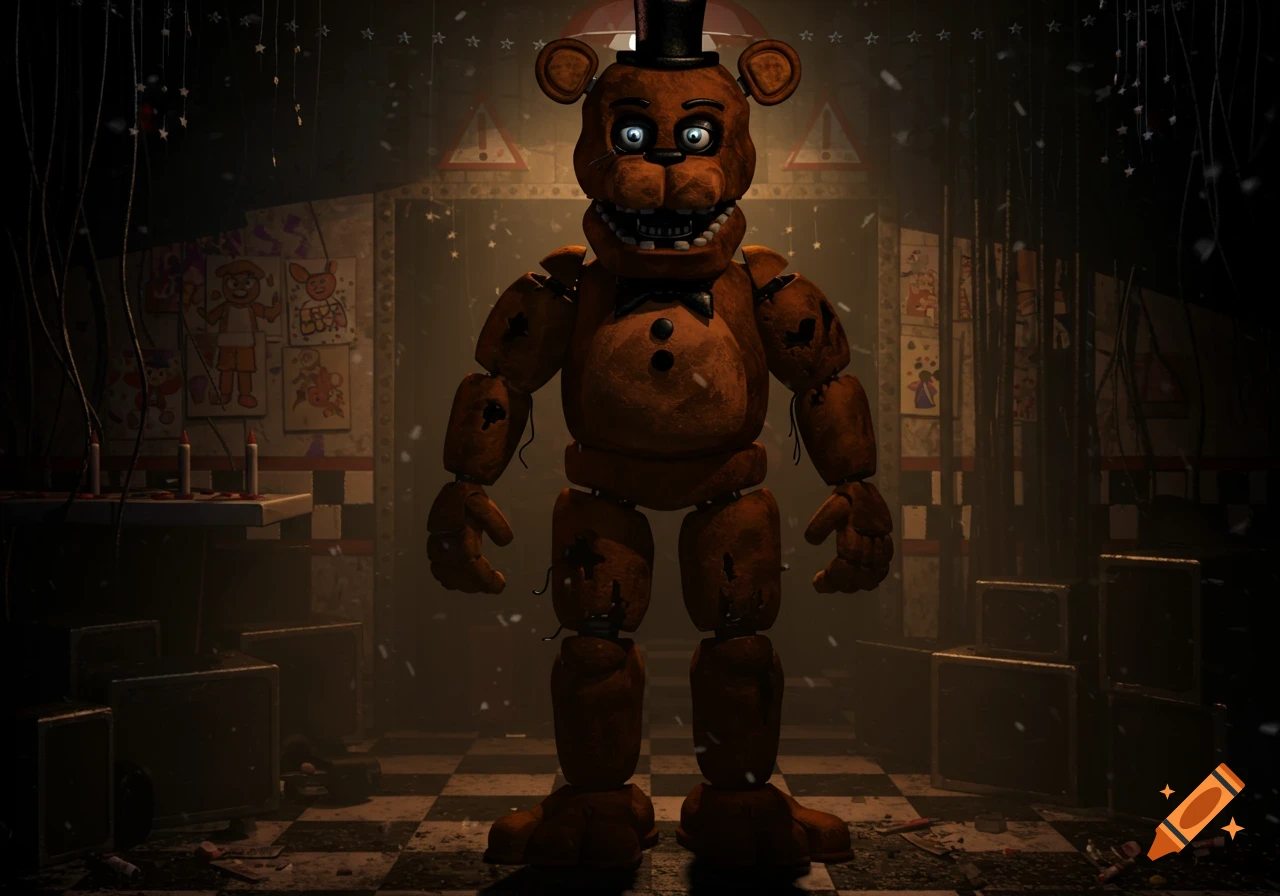 A detailed, full-body shot of Freddy Fazbear, a brown animatronic bear with a top hat, standing in a dim, dusty room.