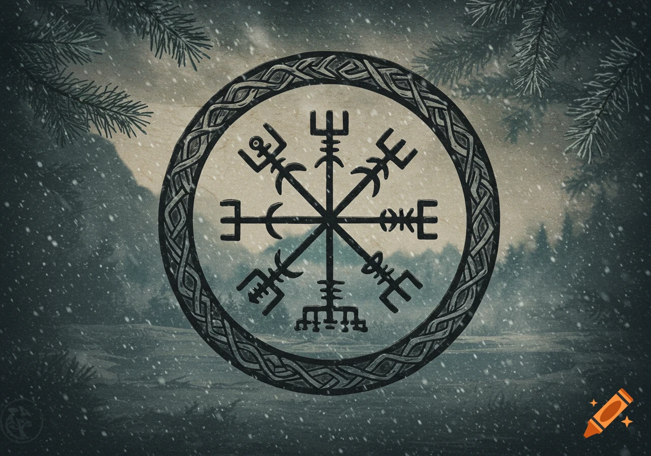 A black Vegvisir symbol with an intricate braided border against a snowy forest background with pine branches.