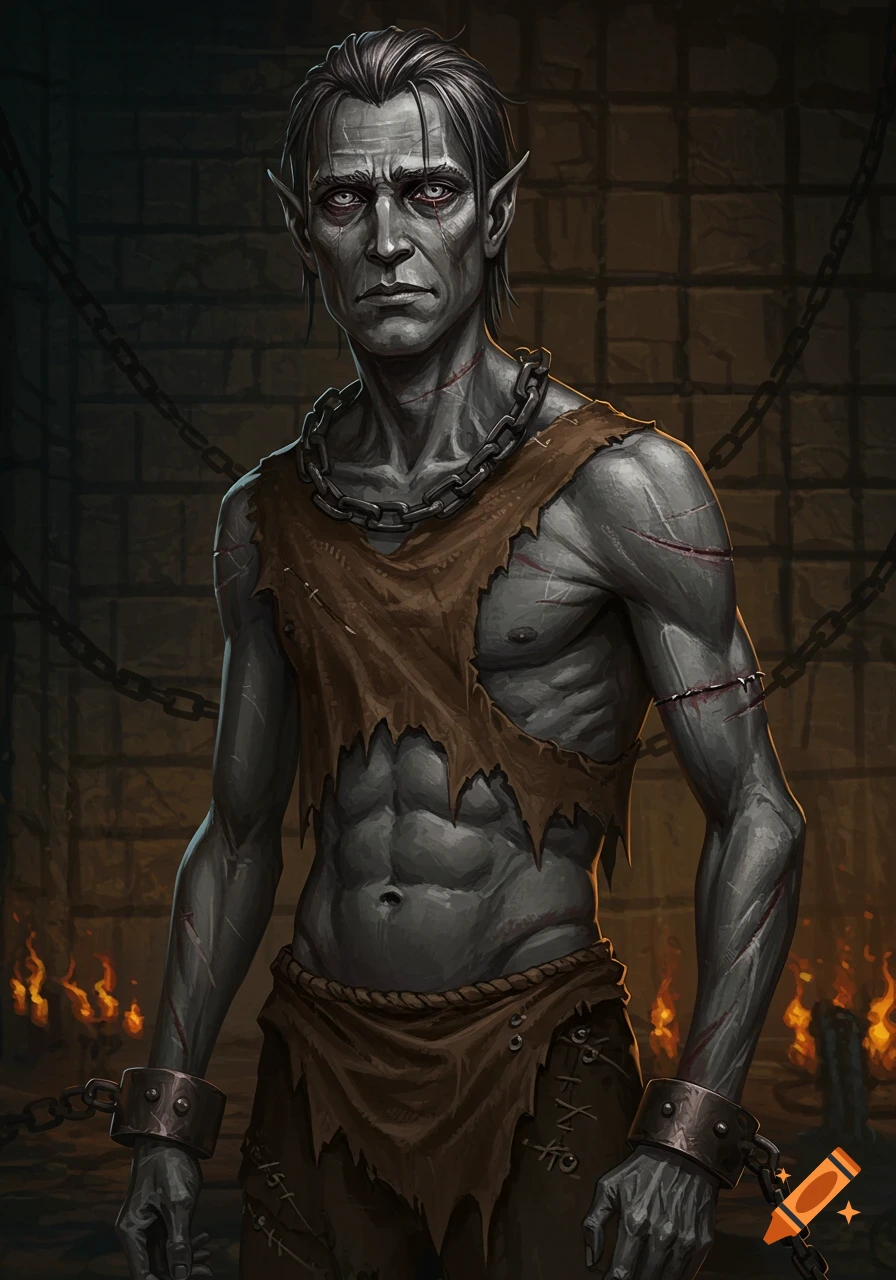 A gaunt, gray-skinned male with elf-like ears, white eyes with red pupils, and a stern expression. He wears tattered brown clothing and is bound by metal chains around his neck and wrists. Numerous scars crisscross his body. He stands in a dark dungeon with brick walls and distant flames.