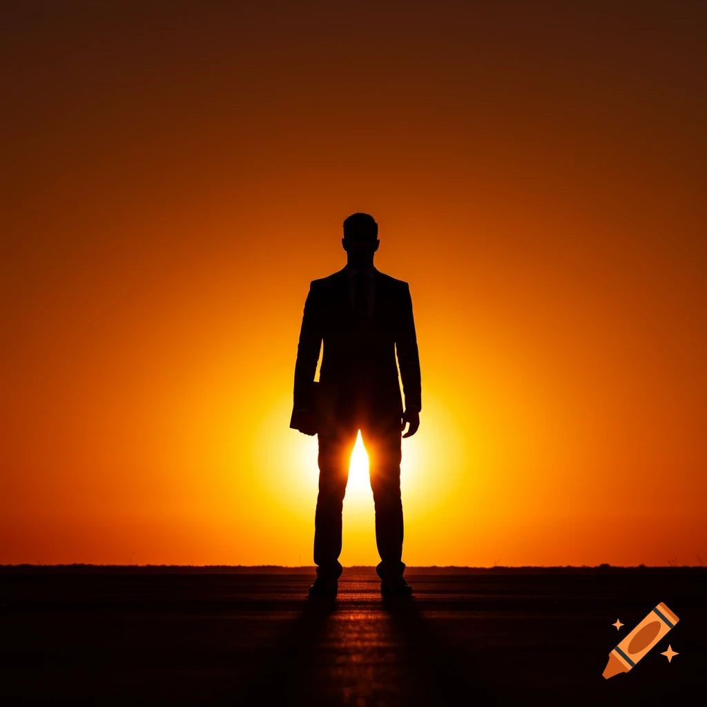Silhouette of a man in a suit holding a folder against a bright orange and yellow sunset.