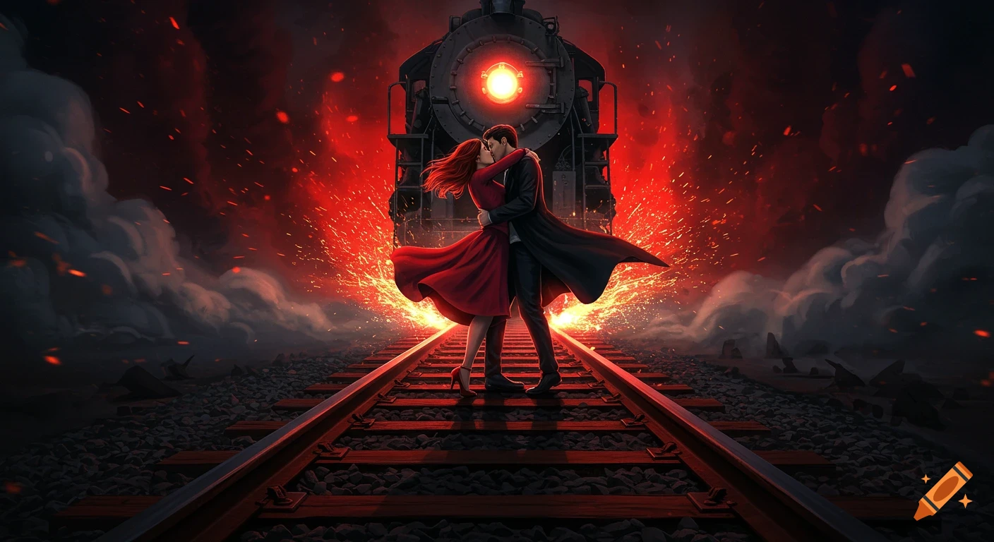 A passionate couple embraces on train tracks as a locomotive approaches through sparks and red smoke, in a dramatic comic art style.