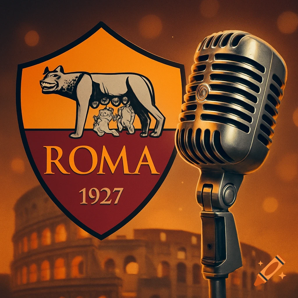 AS Roma logo with a wolf and twins, text 'ROMA 1927', alongside a vintage microphone, against a blurred Colosseum background.