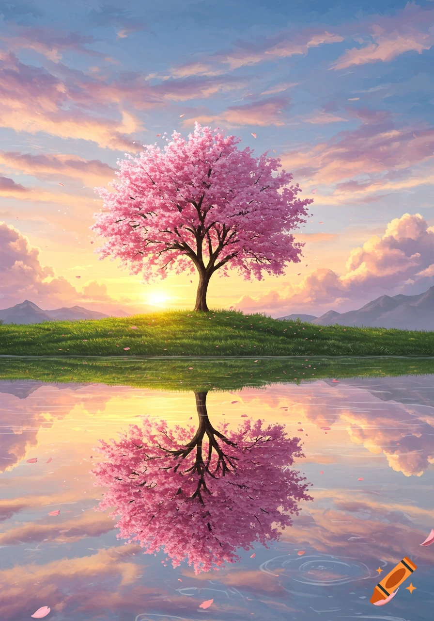 A vibrant anime-style landscape with a pink cherry blossom tree reflected in water at sunset, surrounded by green hills and mountains.