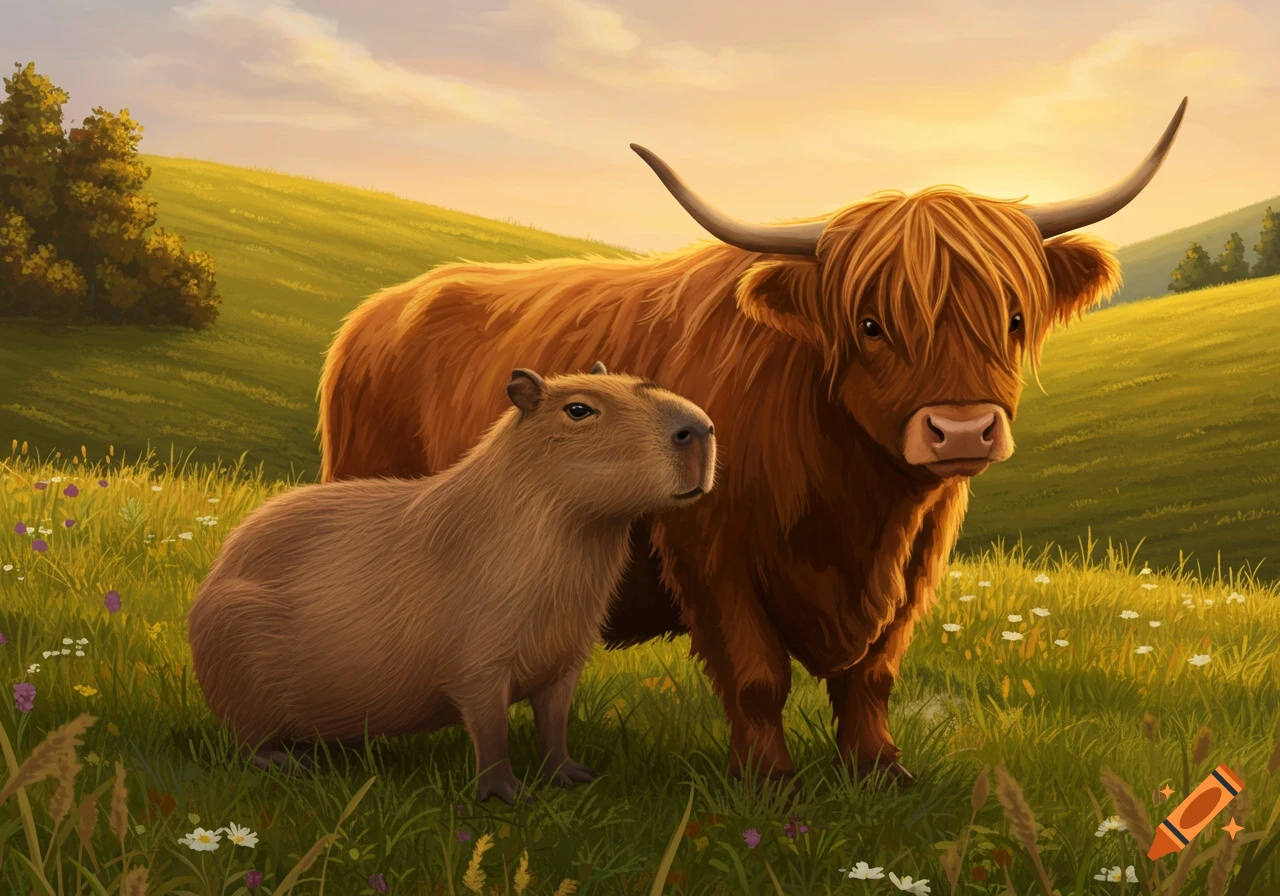 A capybara and a fluffy brown Highland cow stand in a vibrant green field during a golden sunset, illustration style.