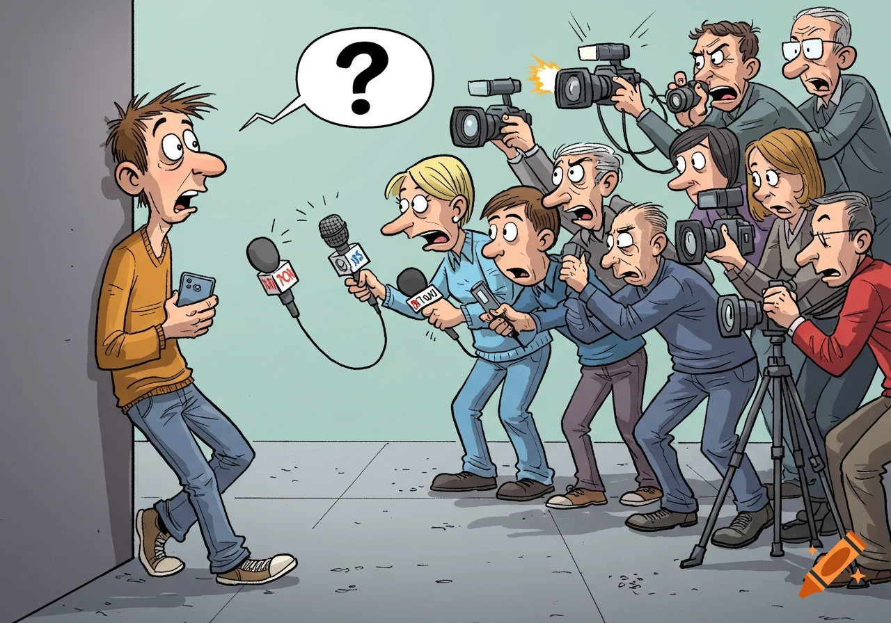 A surprised cartoon person leaning against a wall, holding a smartphone, faces a crowd of aggressive journalists with microphones and cameras.