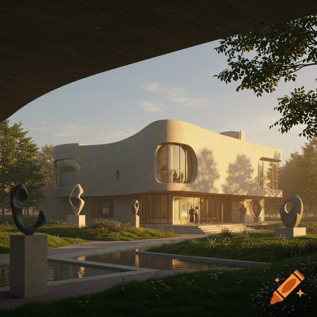 A modern, curved, sand-colored building with large windows, surrounded by green lawns, a reflective pool, and abstract sculptures, bathed in warm sunlight.
