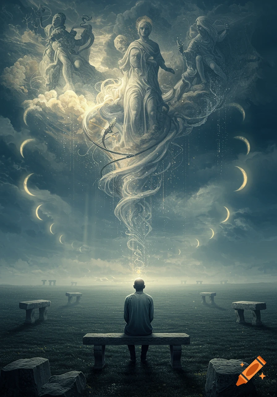 A man on a bench gazes at ethereal figures in swirling clouds with crescent moons above a misty field, in a surreal, spiritual style.