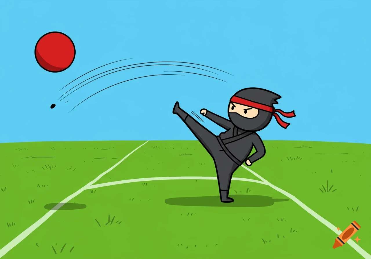 A cartoon ninja with a red headband high-kicks a red ball on a green sports field with white lines under a clear blue sky.
