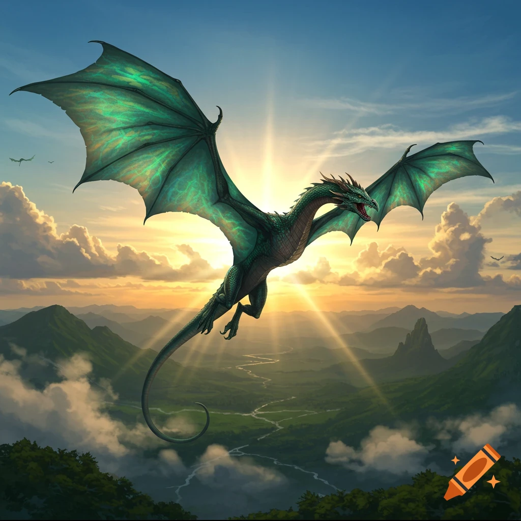 A large green dragon with wide wings soars through a sunny, cloud-filled sky above a mountainous, forested landscape.