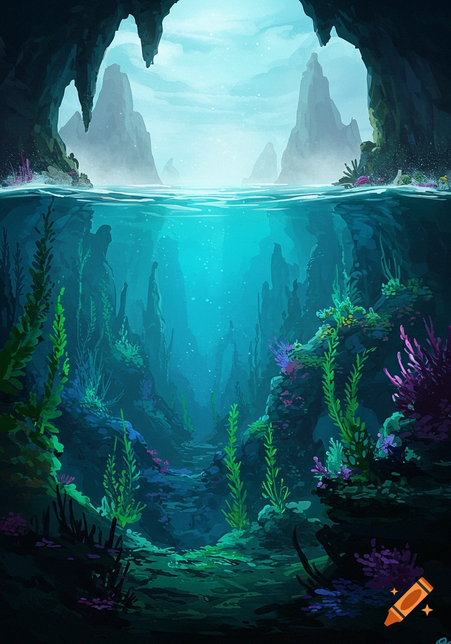 An imaginary underwater landscape featuring dark caves, vibrant aquatic vegetation, and distant misty mountains above the water line, in a painterly style.