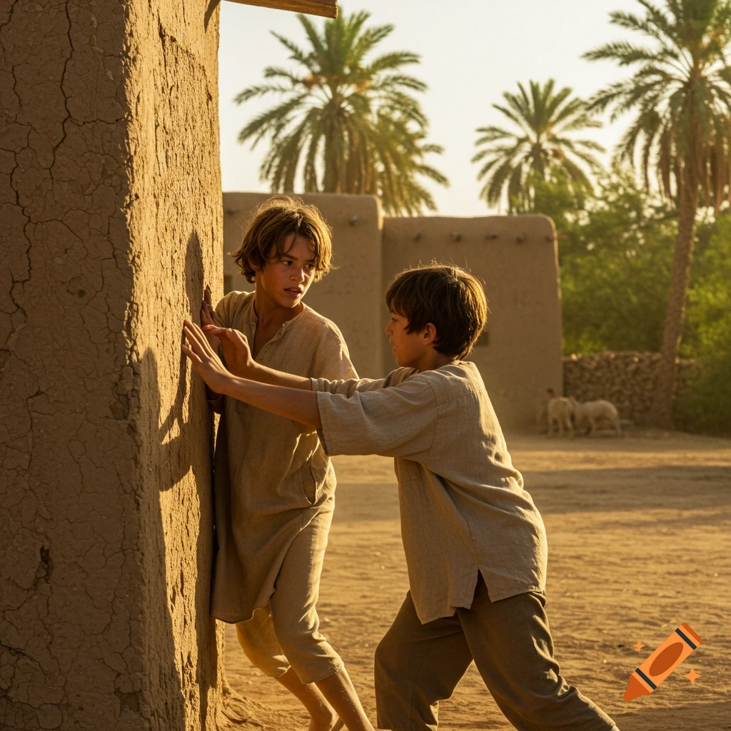 Two boys in traditional clothing push against a mudbrick wall under palm trees in a desert village, with small sheep in the background.