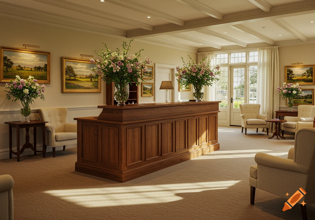A luxurious and warm hotel lobby with a wooden reception desk, armchairs, landscape paintings, and large floral arrangements, illuminated by natural light.