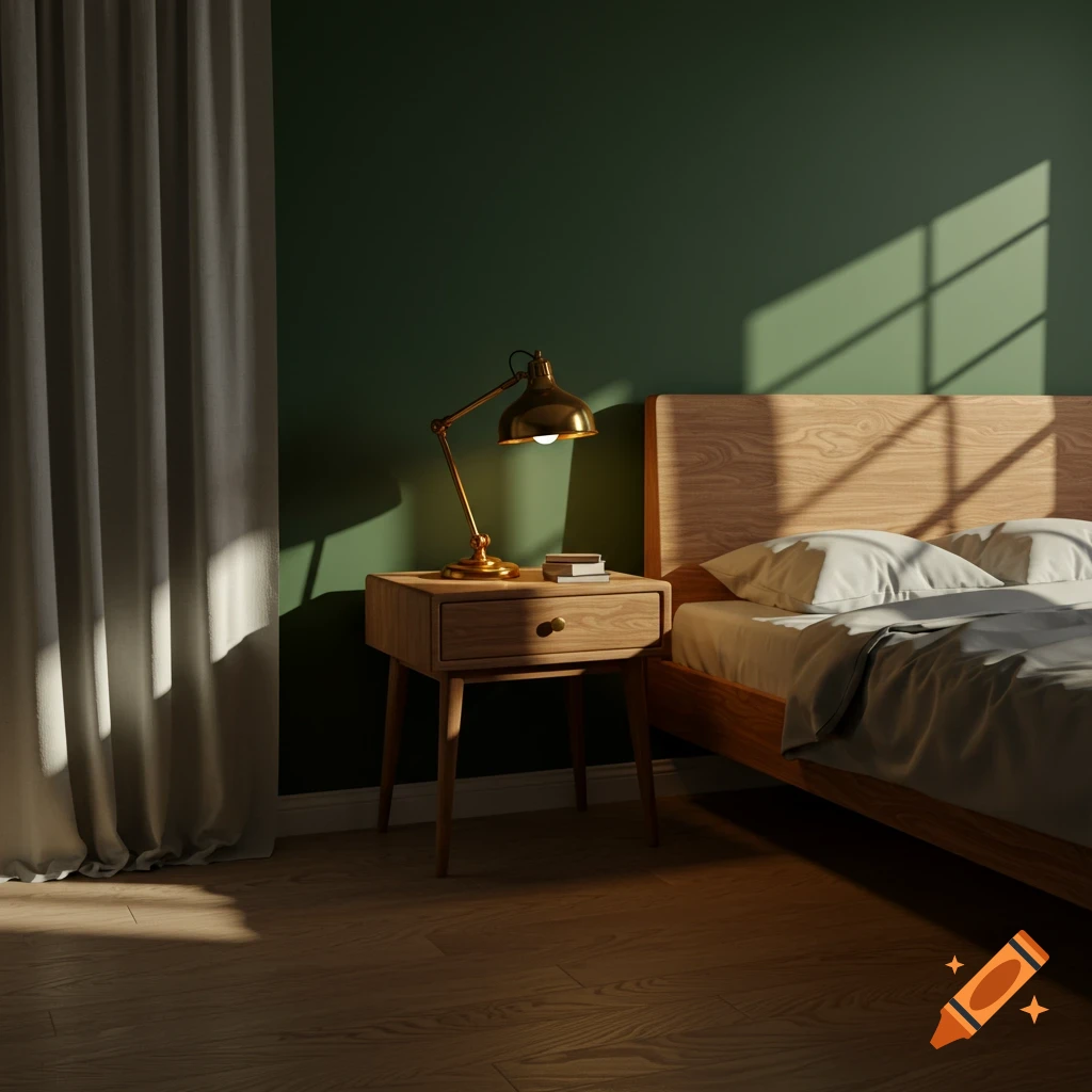 A sunlit modern bedroom with a wooden bed and nightstand against a dark green wall, featuring white curtains and a brass desk lamp.