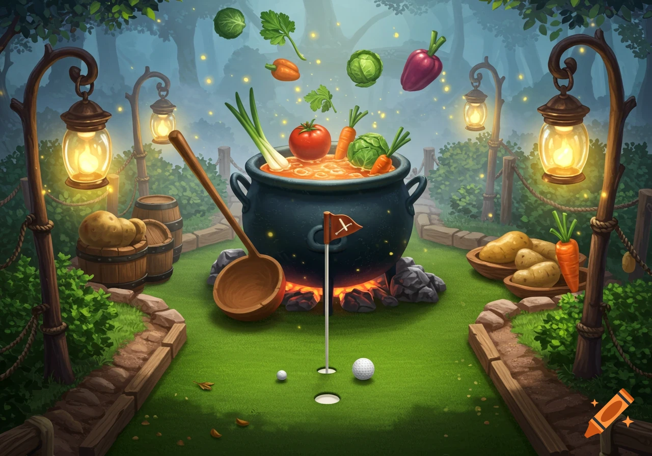 A whimsical putt-putt golf hole featuring a giant stew pot, floating vegetables, and lanterns in a forest setting.