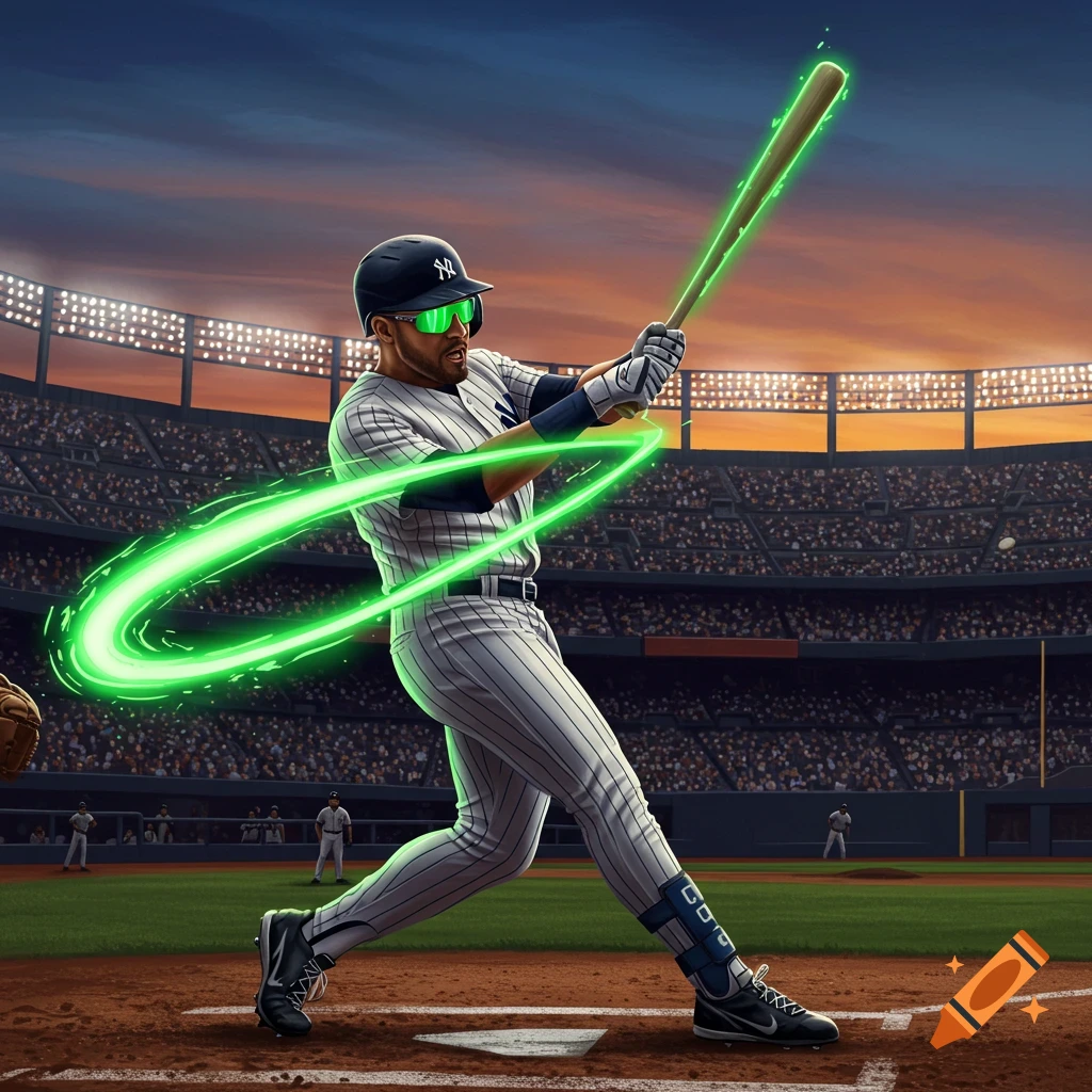 A futuristic baseball player in a pinstripe uniform, with green glowing sunglasses and bat, swings at home plate in a packed stadium.