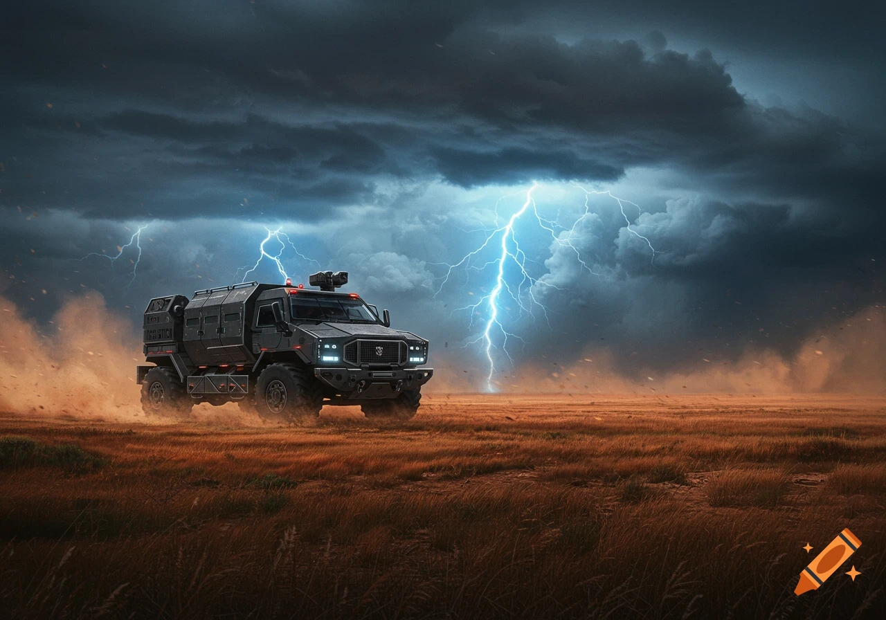 A dark, armored off-road vehicle drives through a dusty field under a dramatic storm sky with bright lightning.