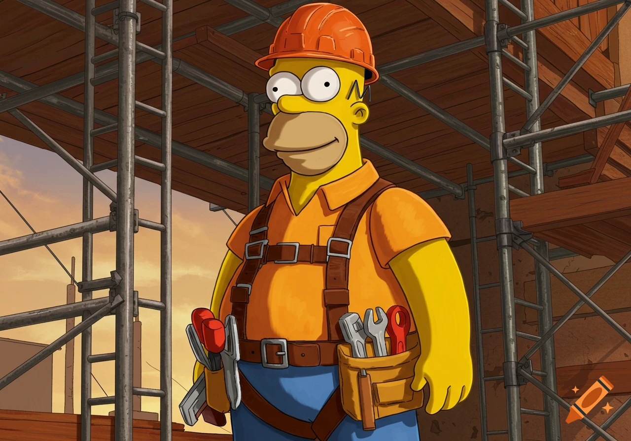 Homer Simpson as a cartoon scaffolder in a hard hat, safety harness, and tool belt, amidst construction scaffolding.