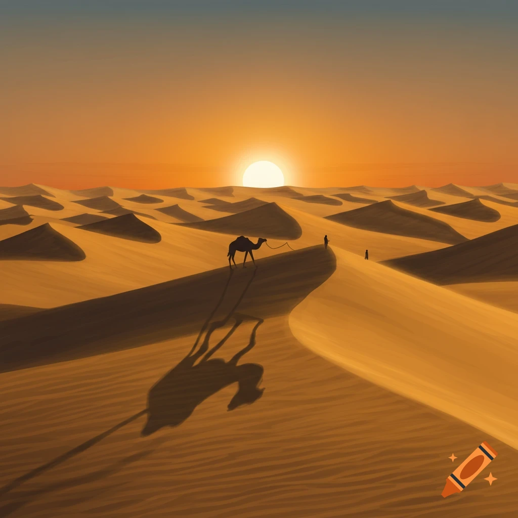 A person leads a camel across vast sand dunes in a desert at sunset, with a bright sun on the horizon.