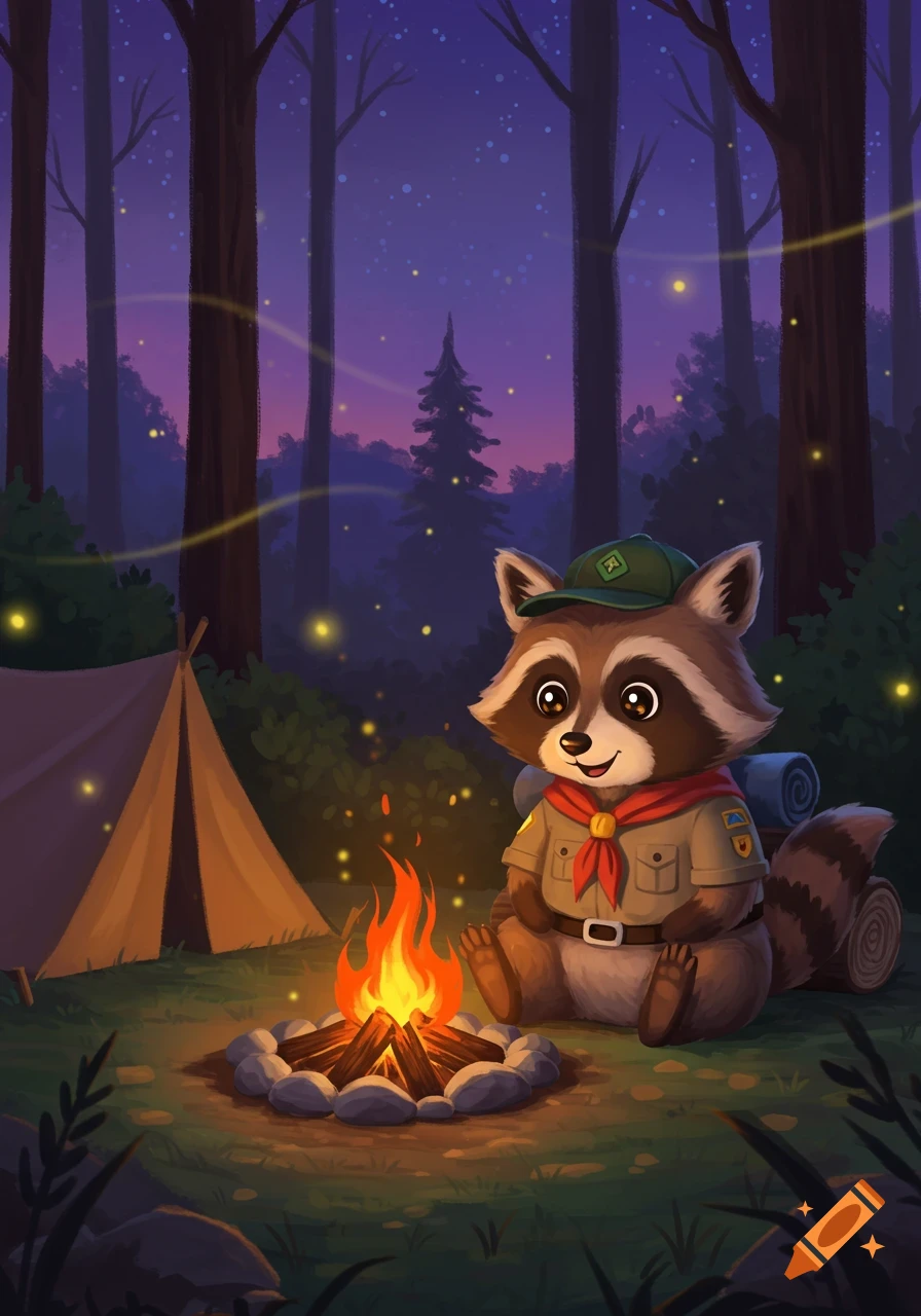 A cute cartoon raccoon in a scout uniform sits by a warm campfire at night in a forest with a tent and fireflies.