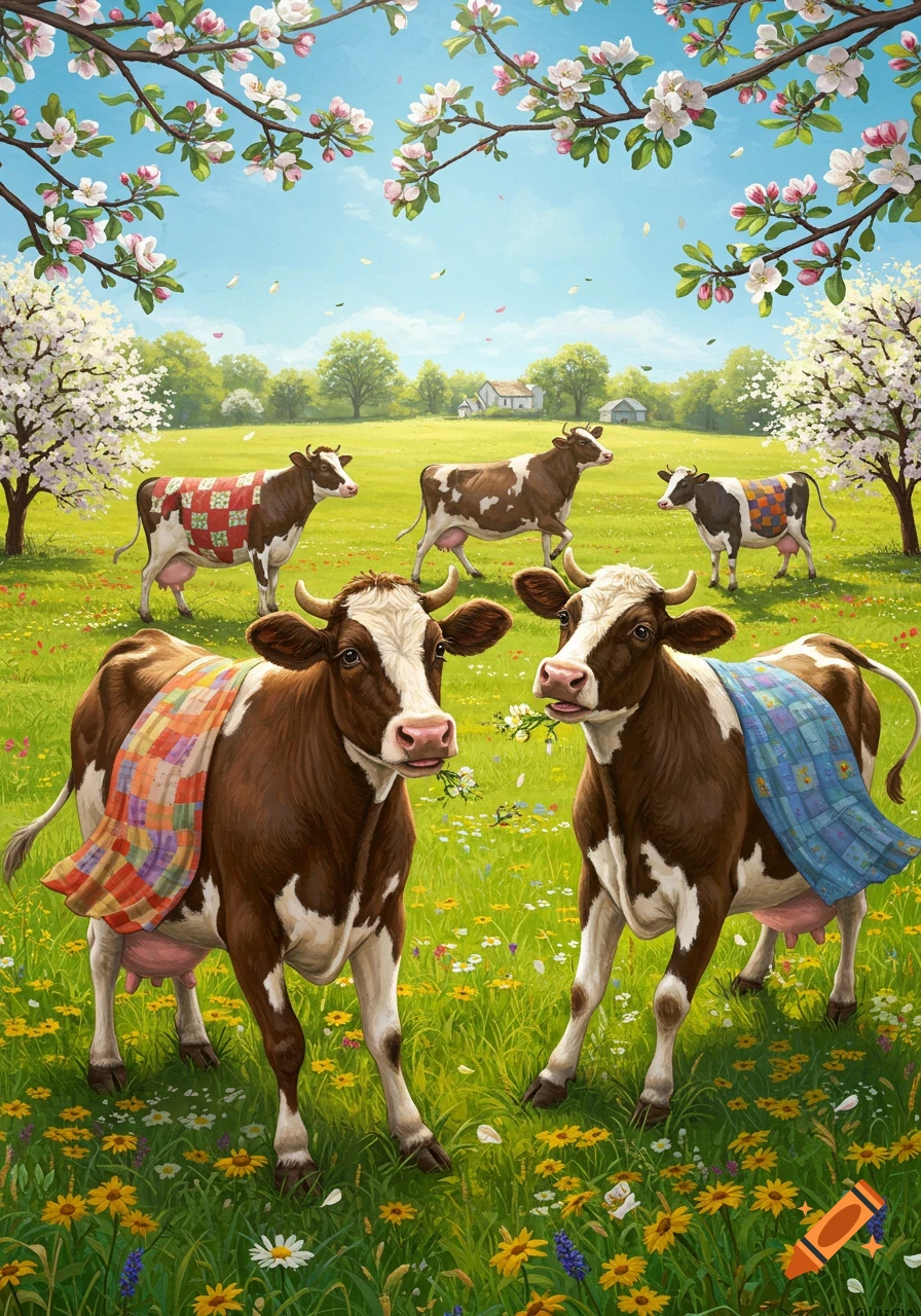 Whimsical illustration of several brown and white cows wearing colorful quilts in a spring field with blooming trees and wildflowers under a blue sky.